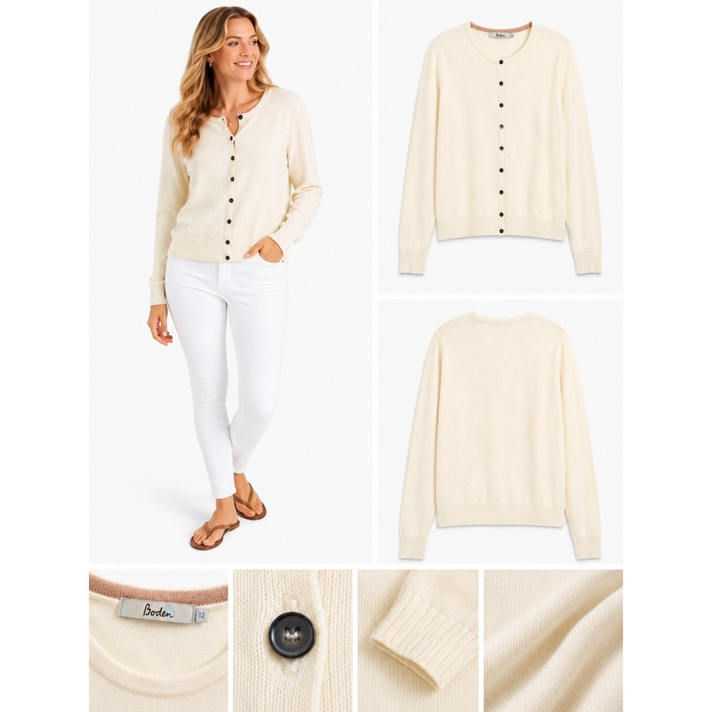 Boden Cardigan 12 Cream 100% Cashmere Minimalist Quiet Luxury Neutral Layering